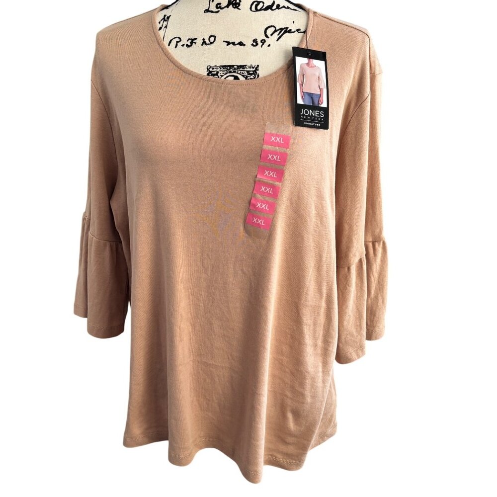 Jones New York Women's Beige 100% Cotton Top Size XXL Bell Ruffle Sleeves